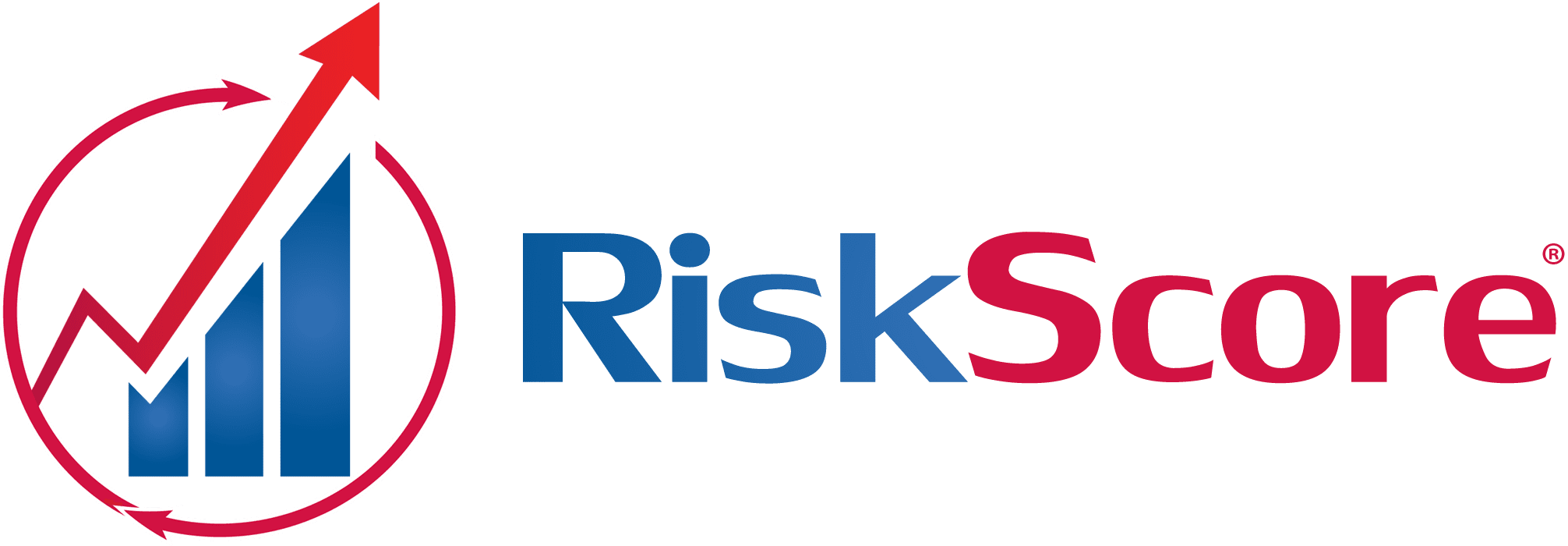 Logo with the text "RiskScore" in blue and red, featuring a bar chart with upward arrows enclosed in a circular arrow.