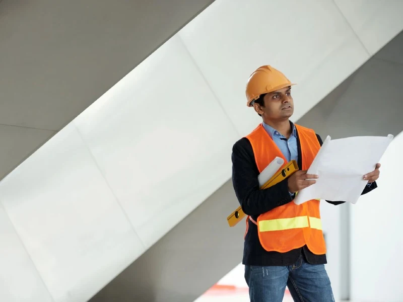 A man wearing a hard hat and orange safety vest holds blueprints and a yellow level inside a building under construction, confident in his task knowing Worker’s Compensation Insurance has his back.