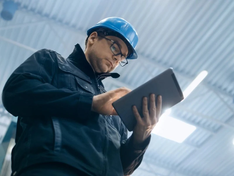 A person wearing a blue hard hat and black jacket operates a tablet inside an industrial facility, ensuring adherence to safety protocols and managing tasks with the support of worker's compensation insurance.