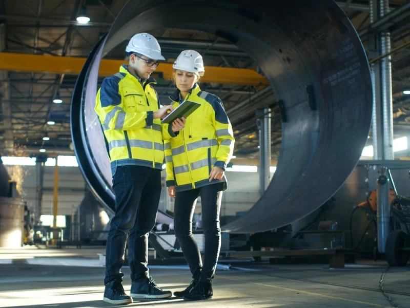 Two workers in yellow safety jackets and helmets review information on a tablet in an industrial facility with large cylindrical equipment in the background, ensuring compliance with Worker's Compensation Insurance protocols.